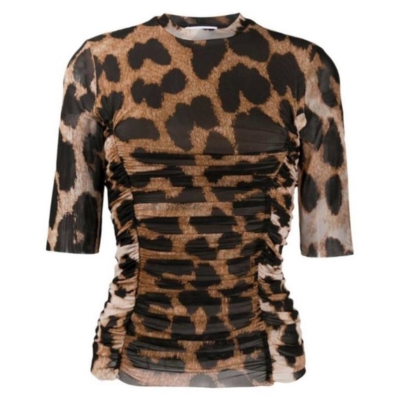Ganni Tops - Ganni Ruched Leopard Print Stretch Mesh in Brown/Black/Medium